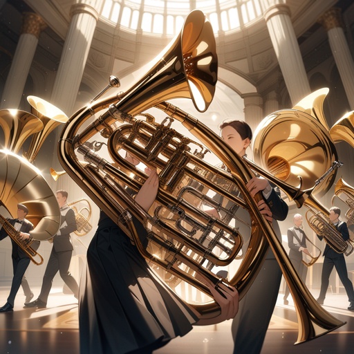 graphic_art("Side view of a harp-based brass orchestra (it is only one instrument): wooden harp frame with integrated trumpets, flugelhorn, cornet, mellophone, French horns, tenor trombone, bass trombone, euphonium, sousaphone and tuba, golden brass accents, clean lighting")