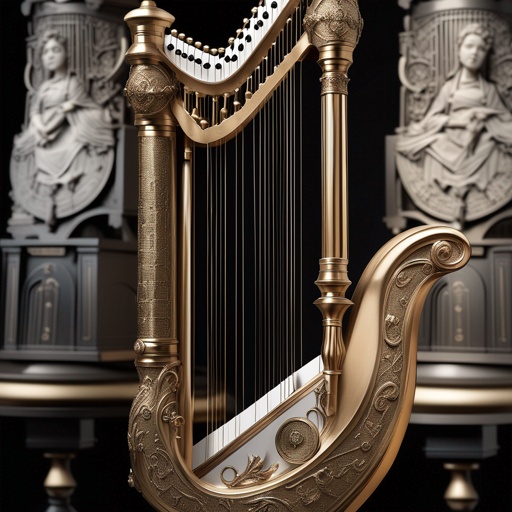 graphic_art(graphic_art(
"Photorealistic orthographic right side view of a harp-based brass orchestra instrument, 4K resolution:
• Camera: orthographic projection, exakt 90° von der Front, zentriert auf das Instrument, keine Randabschneidung.
• Hintergrund: nahtlos reines Weiß (RGB 255,255,255), keine Texturen oder Schattenwurf auf Hintergrund.
• Beleuchtung: Drei-Punkt-Studio-Setup mit weichem Key-Light (links oben), Fill-Light (rechts vorne, 50 % Intensität) und Rim-Light (hinten rechts, betont Kanten).
• Rahmen: Geradliniger Harfenkörper aus hellem Eichenholz mit sichtbarer Maserung (Subsurface Scattering 0,05), vier Holzbögen, Höhe ~1 m, Breite ~0.6 m.
• Saiten: 12 parallele Metallsaiten (Dicke 2 mm, Edelstahl mit leicht matter Oberfläche), gleichmäßig von oben nach unten gespannt.
• Luftreservoir: UV-Sphere (Radius 0.05 m) hinter dem Mundstück in der Harfenmitte, Messing-Shader (Metallic 1.0, Roughness 0.1).
• Mundstück: konischer Messing-Zylinder (Länge 0.1 m, Durchmesser oben 0.03 m, unten 0.02 m), zentriert an der Unterseite der Holzbasis.
• Ventilhebel: 12 kleine Messinghebel (Zylinder 0.02 m × 0.005 m), je einer pro Saite, im Abstand von 0.05 m entlang des Holzkörpers.
• Hörner (von links nach rechts in dieser Seitenansicht, oberes Halbkreis-Layout):
– 1 Trompete (Rohrlänge 0.5 m, Trichter Ø 0.15 m)
– 1 Flügelhorn (Rohrlänge 0.6 m, Trichter Ø 0.18 m, leicht kegelförmig)
– 1 Kornett (Rohrlänge 0.45 m, Trichter Ø 0.14 m, kompakter Windungskörper)
– 1 Mellophon (Rohrlänge 0.8 m, Trichter Ø 0.2 m, im Winkel 45° nach oben)
– 1 Waldhorn (French Horn) (Rohr verschlungen: 1.2 m, Trichter Ø 0.22 m, geöffneter Bogen)
– 1 Posaune (Tenor) (Rohrlänge 1.0 m mit Mini-Slide, Trichter Ø 0.25 m)
– 1 Posaune (Bass) (Rohrlänge 1.2 m mit Slide, Trichter Ø 0.3 m)
– 1 Euphonium (Rohr verschlungen: 1.1 m, Trichter Ø 0.28 m)
– 1 Sousaphon (Rohrkörbe: 1.4 m, Trichter Ø 0.35 m, umschließt grob die Harfenbasis)
– 1 Tuba (Rohr verschlungen: 1.5 m, Trichter Ø 0.4 m)
• Rohr-Verbindungen: feine Messingleitungsrohre (Durchmesser 0.015 m), sichtbar von Ventilen im Holz zur Unterseite der Hörner; gleichmäßig in 4 Ebenen angeordnet.
• Materialien:
– Holz: oak_diffuse.jpg + leichtes Bump-Map,
– Metall: Principled BSDF (Base Color #D4AF37, Metallic=1, Roughness=0.15),
– Reflektionen: weiche, aber klare Highlights an allen Metallflächen.
• Schatten: sanfte, weiche Ground-Shadows direkt unter dem Instrument, keine harten Kanten.
• Komposition: Instrument zentriert, waagrechter Bildausschnitt, 10 % Randabstand oben und unten, 15 % rechts und links."
)
)