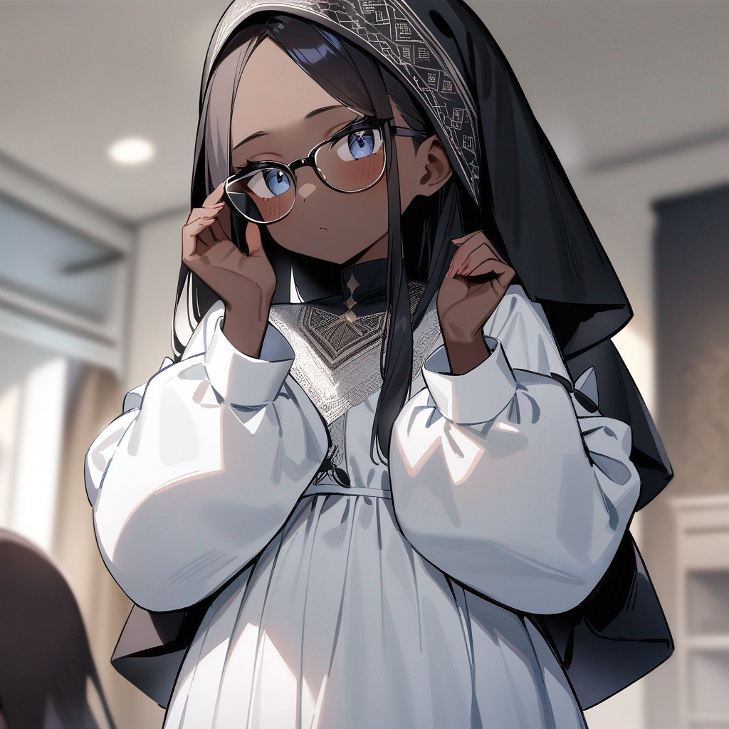 A black African Muslim girl,who is 18yo ,her height is 165cm,and her weight 75kg,she is wearing a light colored long dress with white sleeves underneath,and a black head scarf,she is also wearing glasses end a black mask