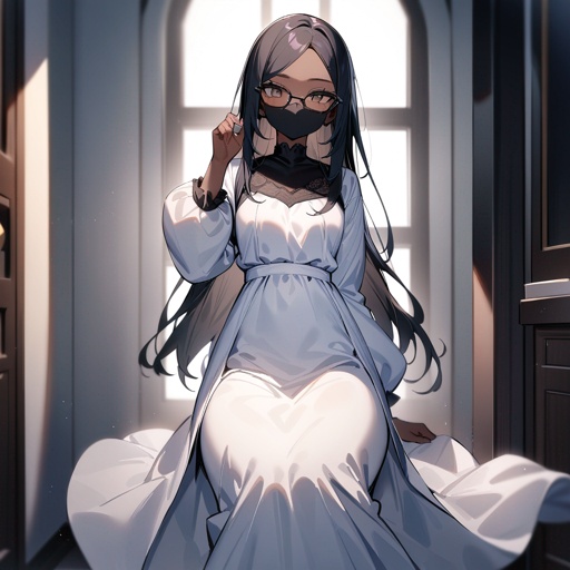 A black African Muslim girl,who is 18yo ,her height is 165cm,and her weight 75kg,she is wearing a light colored long dress with white sleeves underneath,with a black voil ,she is also wearing glasses end a black mask