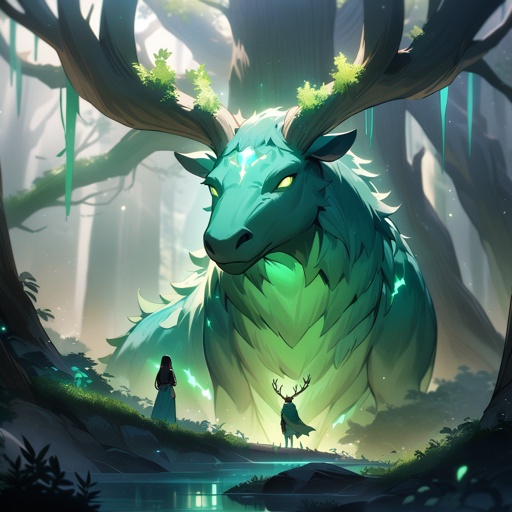 Generate a majestic forest scene where a mystical creature emerges from twisted tree roots. The creature is part deer, part dragon, with glowing constellation-filled eyes and mossy antlers. The traveler stands before it, humbled. The light filters through the canopy in soft blues and greens. Convey awe, tension, and enchantment in a manga-style composition.