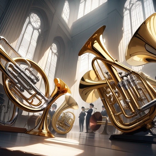 graphic_art("Side view of a harp-based brass orchestra: wooden harp frame with integrated trumpets, flugelhorn, cornet, mellophone, French horns, tenor trombone, bass trombone, euphonium, sousaphone and tuba, golden brass accents, clean lighting")