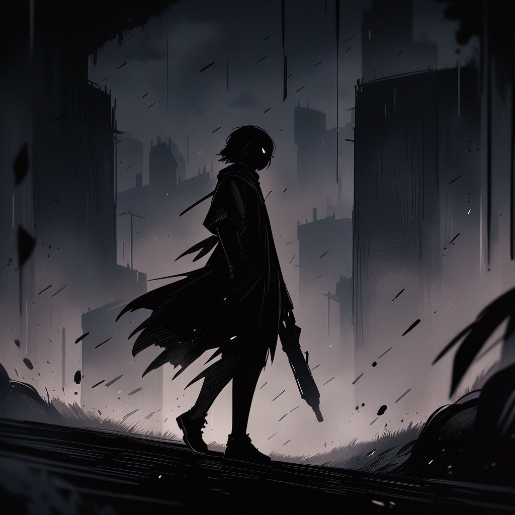 hand-drawn dark 2D game protagonist, ink-textured lines, subdued palette, shadowy atmosphere, moody digital art asset"