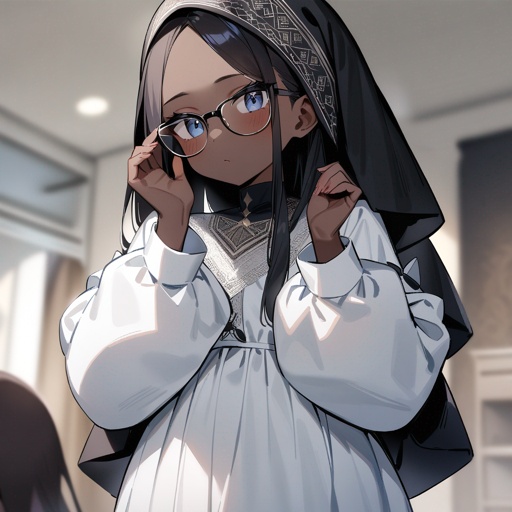 A black African Muslim girl,who is 18yo ,her height is 165cm,and her weight 75kg,she is wearing a light colored long dress with white sleeves underneath,and a black head scarf,she is also wearing glasses end a black mask