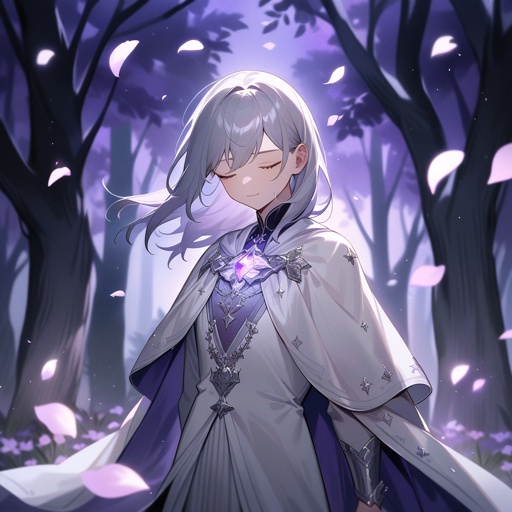 Create a tranquil nighttime forest clearing bathed in silver moonlight. Ethereal flower petals float through the air, glowing softly. A cloaked traveler stands still, eyes closed, lost in memory. A magical brooch shaped like a star glows faintly on his chest. Trees with soft purple leaves surround the clearing. Style should evoke emotion and mystery, inspired by anime aesthetics.