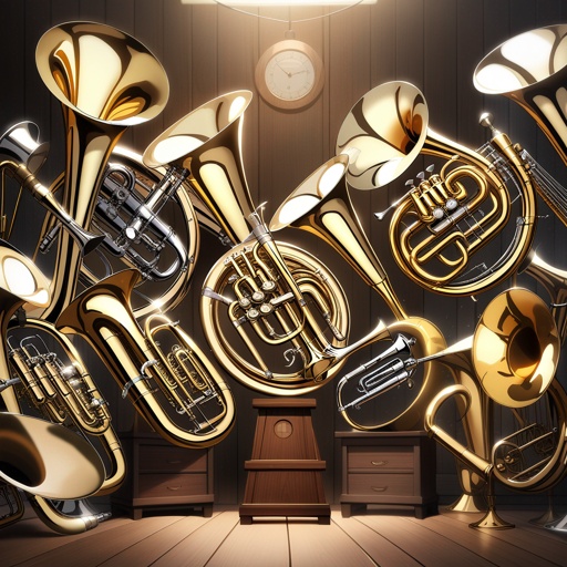 graphic_art("Front view of a harp-based brass orchestra: symmetrical arrangement of trumpets, flugelhorn, cornet, mellophone, French horns, trombones, euphonium, sousaphone and tuba around a wooden harp frame, warm studio lighting")