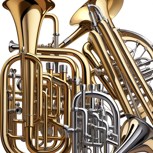graphic_art("Photorealistic orthographic side view of a harp-based brass orchestra instrument: natural oak wood harp frame with visible grain, integrated brass horns: 2 trumpets, flugelhorn, cornet, mellophone, 2 French horns, tenor trombone, bass trombone, euphonium, sousaphone, tuba. Brass tubing connections, clean white background, warm soft studio lighting, high-detail metallic reflections, 4k resolution")